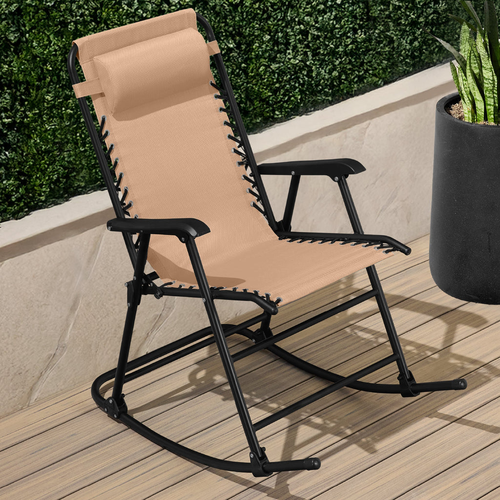 Premium Outdoor Folding Zero-Gravity Rocking Lounge Chair with Headrest Pillow