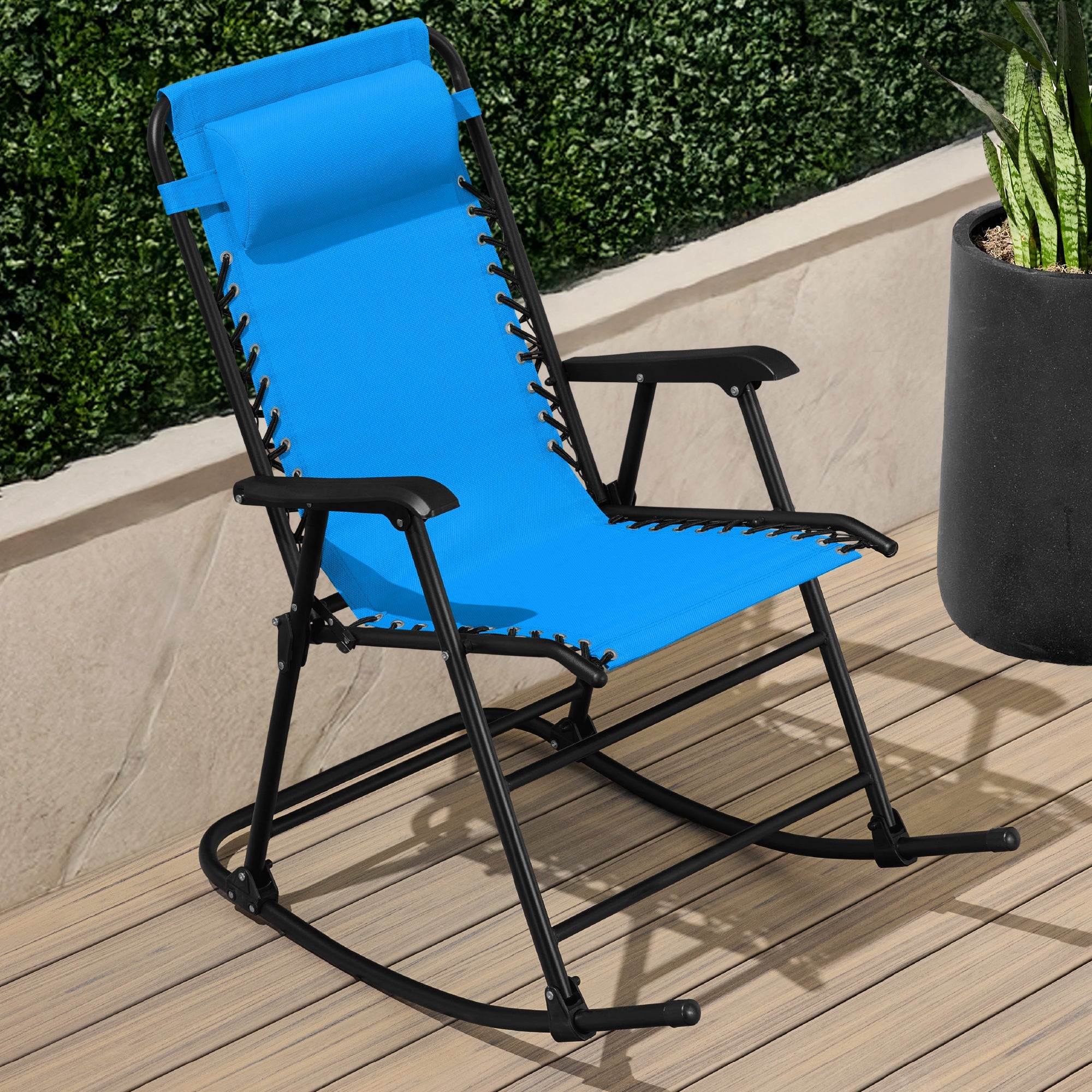 Premium Outdoor Folding Zero-Gravity Rocking Lounge Chair with Headrest Pillow