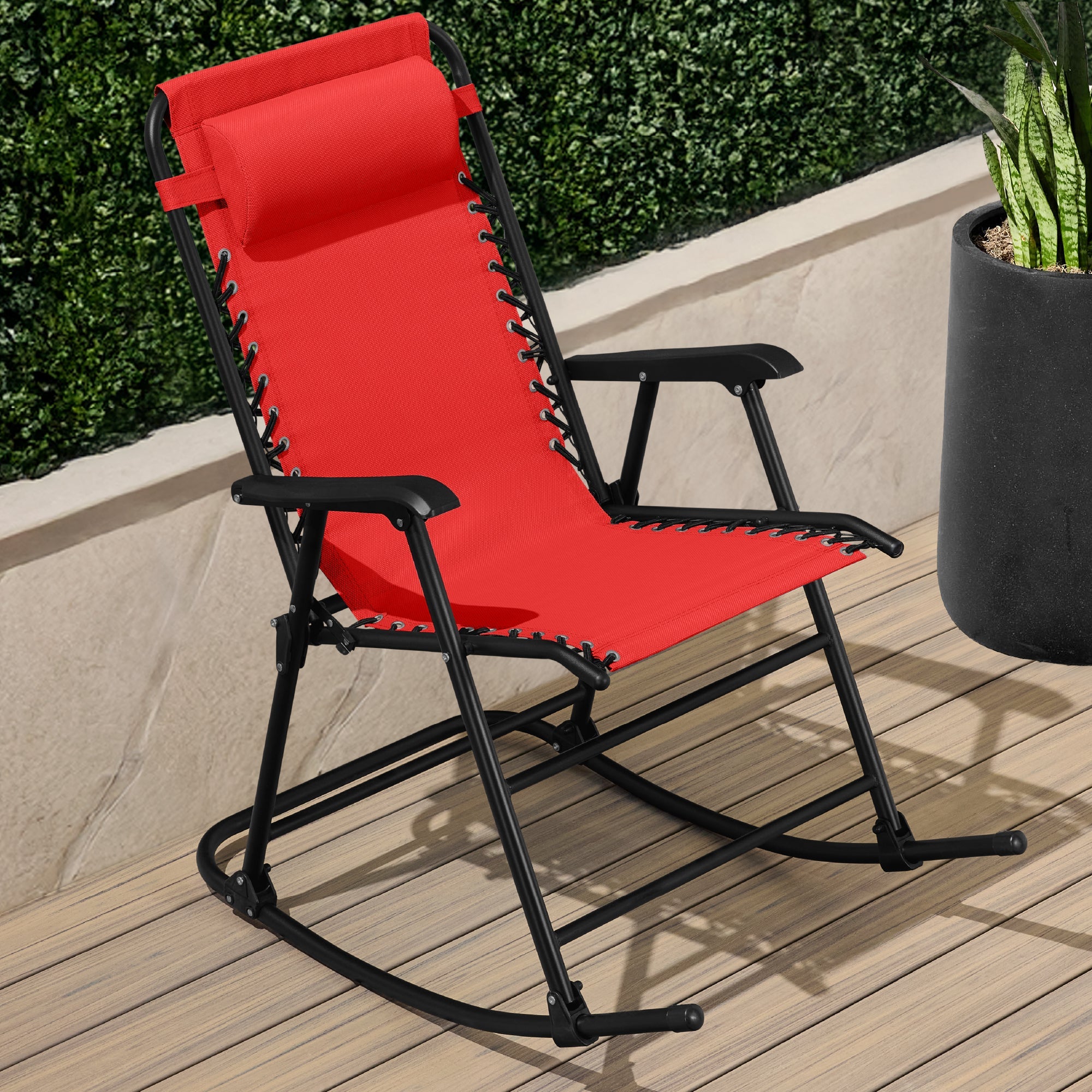 Premium Outdoor Folding Zero-Gravity Rocking Lounge Chair with Headrest Pillow
