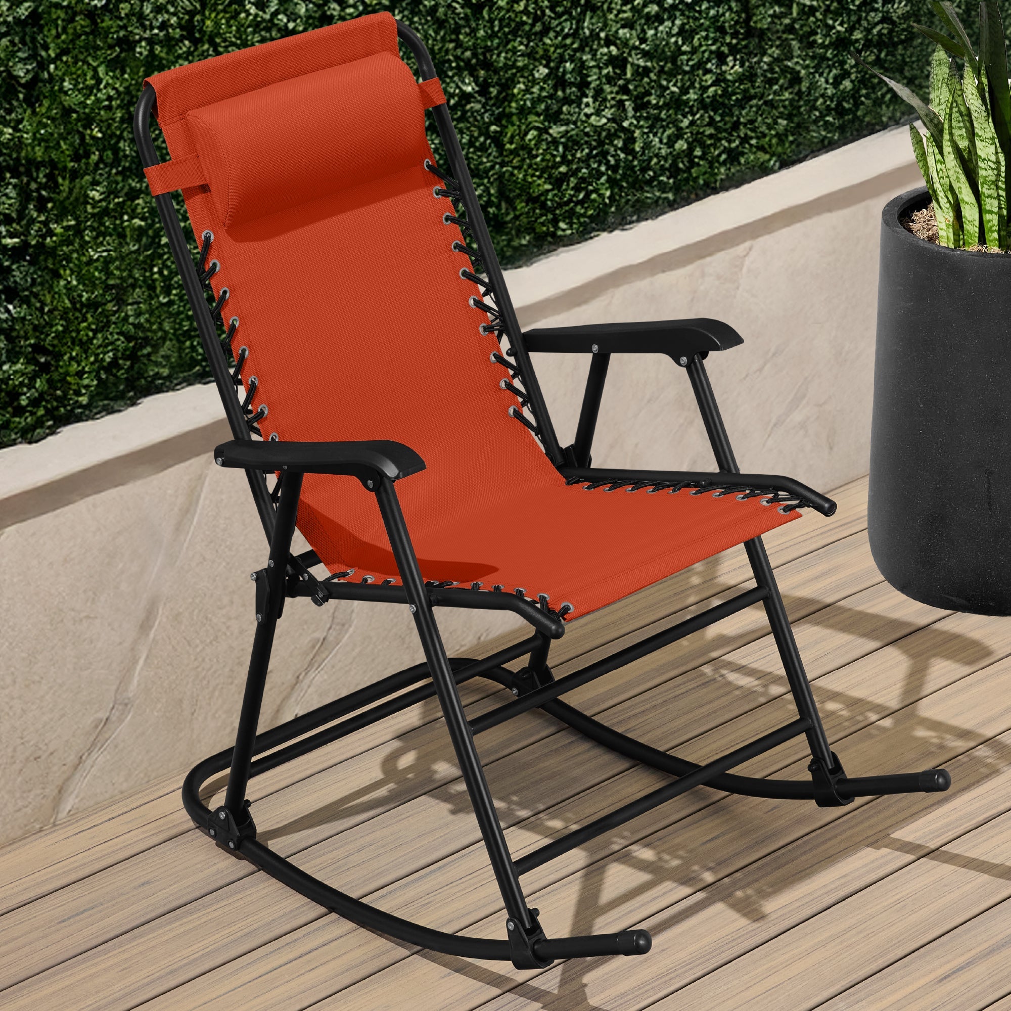 Premium Outdoor Folding Zero-Gravity Rocking Lounge Chair with Headrest Pillow
