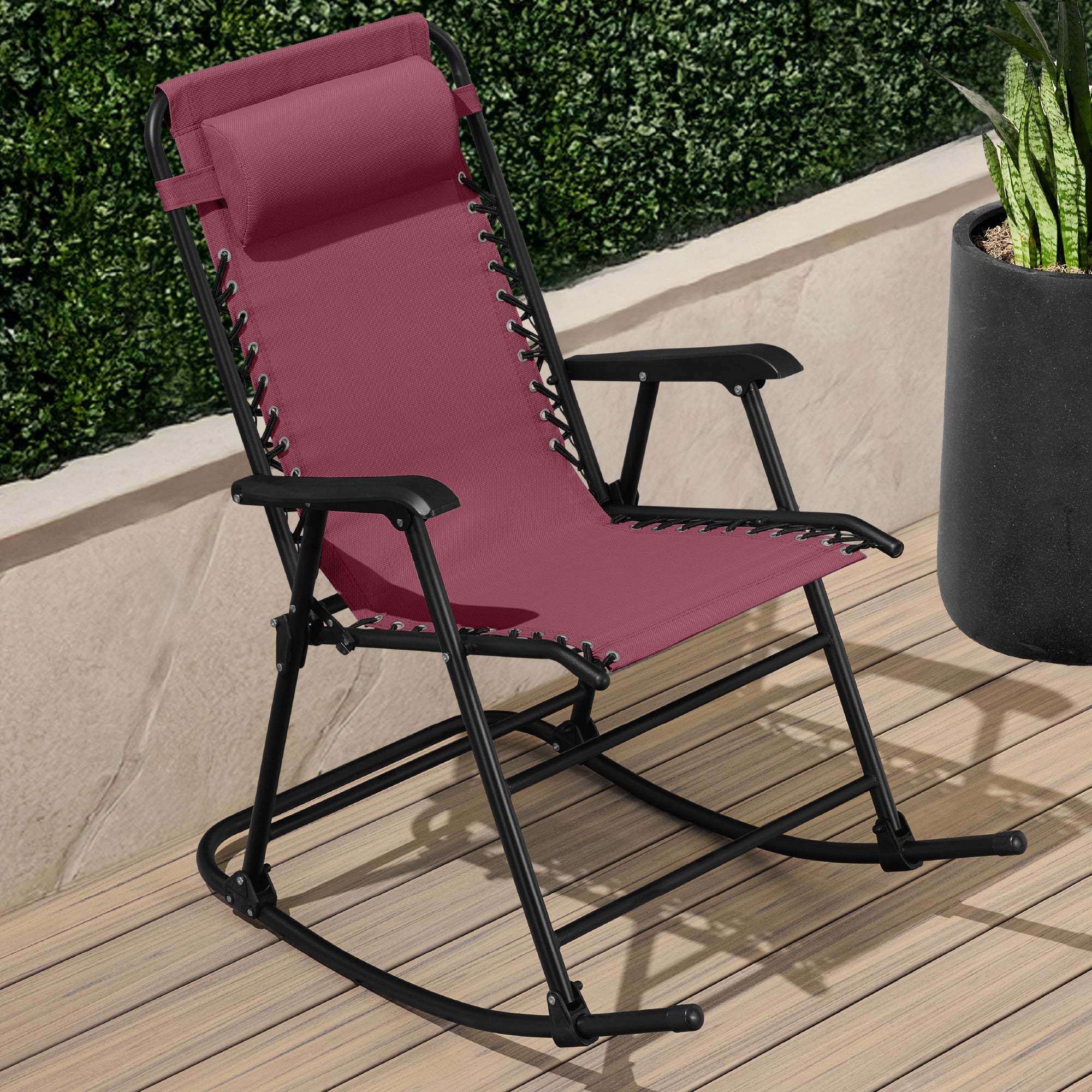Premium Outdoor Folding Zero-Gravity Rocking Lounge Chair with Headrest Pillow