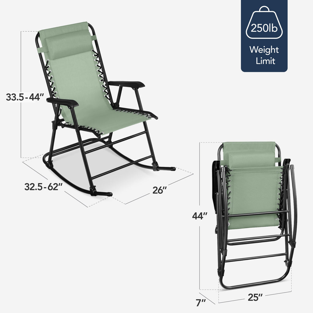 Premium Outdoor Folding Zero-Gravity Rocking Lounge Chair with Headrest Pillow