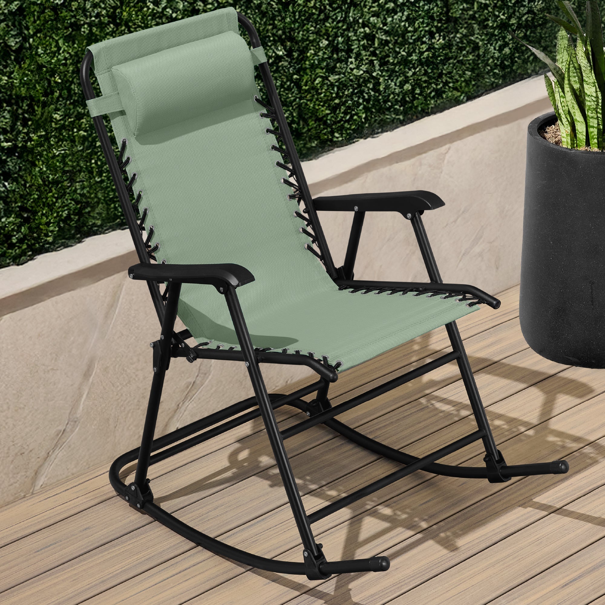 Premium Outdoor Folding Zero-Gravity Rocking Lounge Chair with Headrest Pillow