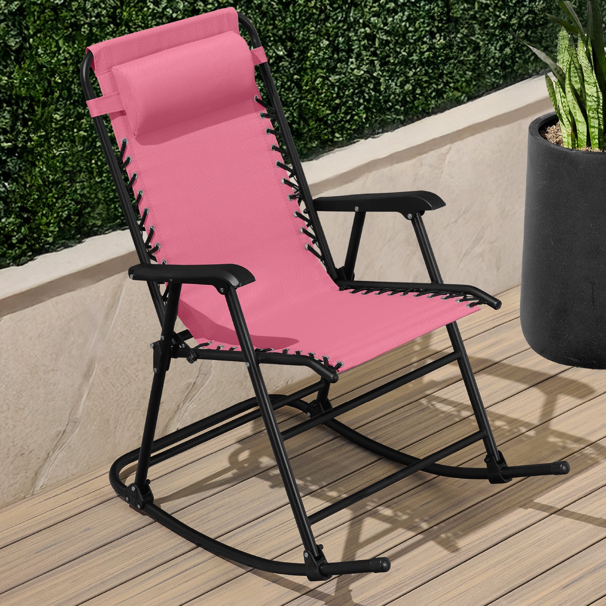 Premium Outdoor Folding Zero-Gravity Rocking Lounge Chair with Headrest Pillow
